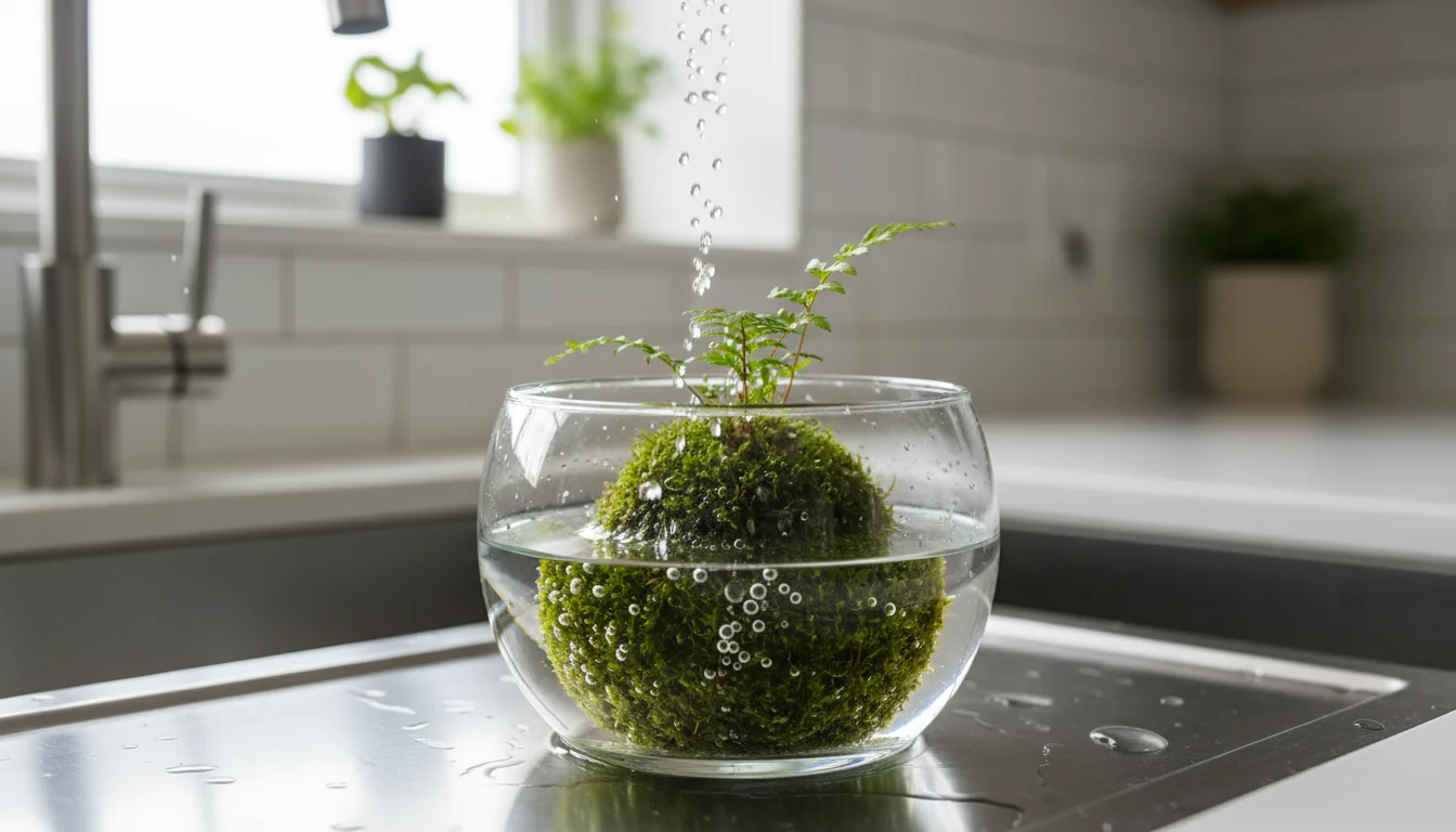 A green Kokedama with a fern plant soaking in a clear bowl of water in a kitchen sink, bubbles rising from the moss.