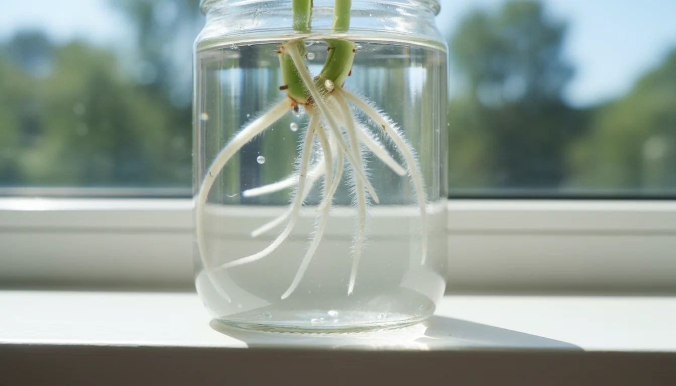 Close-up of green plant cutting's roots in a clear glass, showing ideal 1-2 inch length and branching.