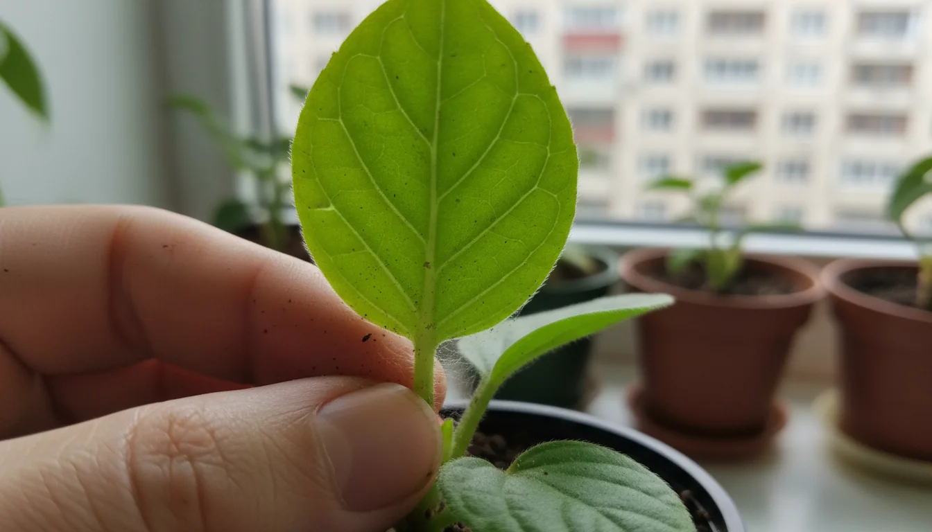 Close-up of a green plant leaf's underside showing subtle spider mite webbing, held gently by a hand for inspection.