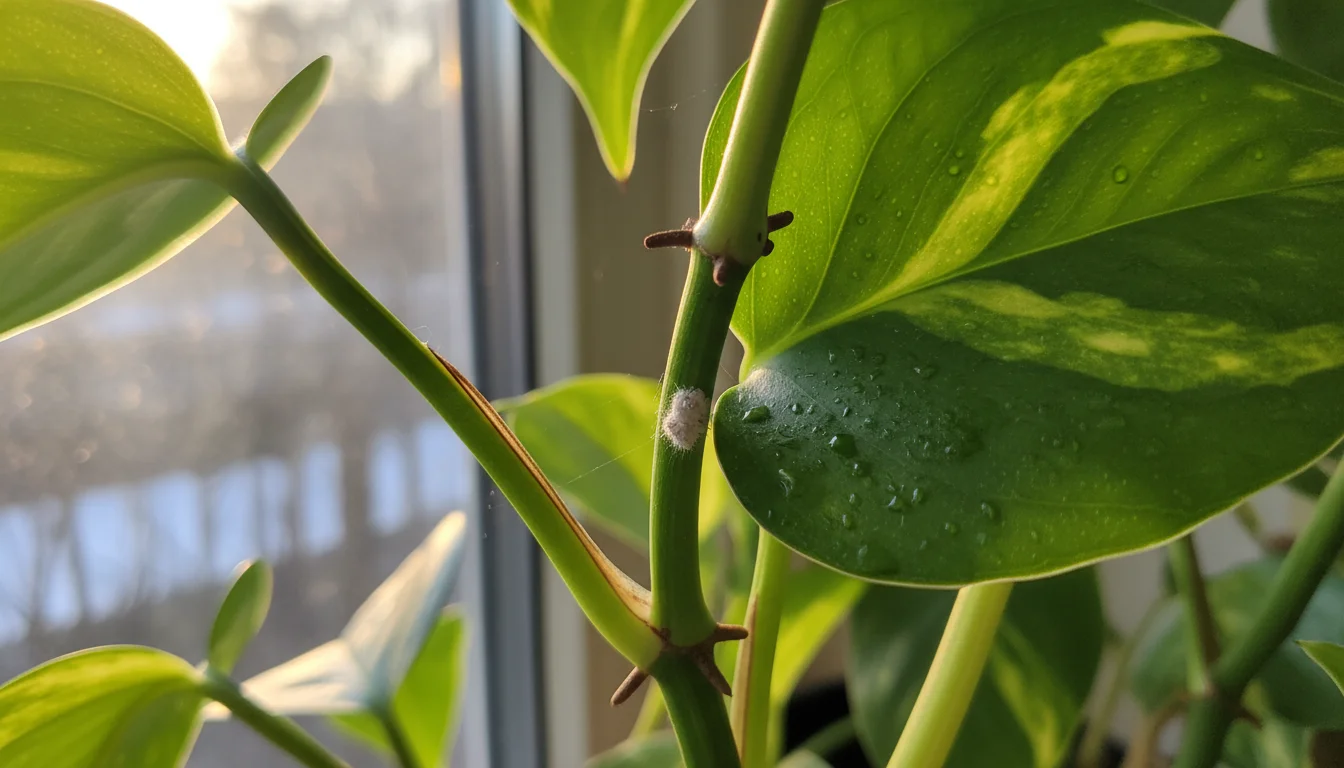 Close-up of a green Pothos plant's leaf axil showing a small, subtle white cottony cluster, indicating mealybugs.