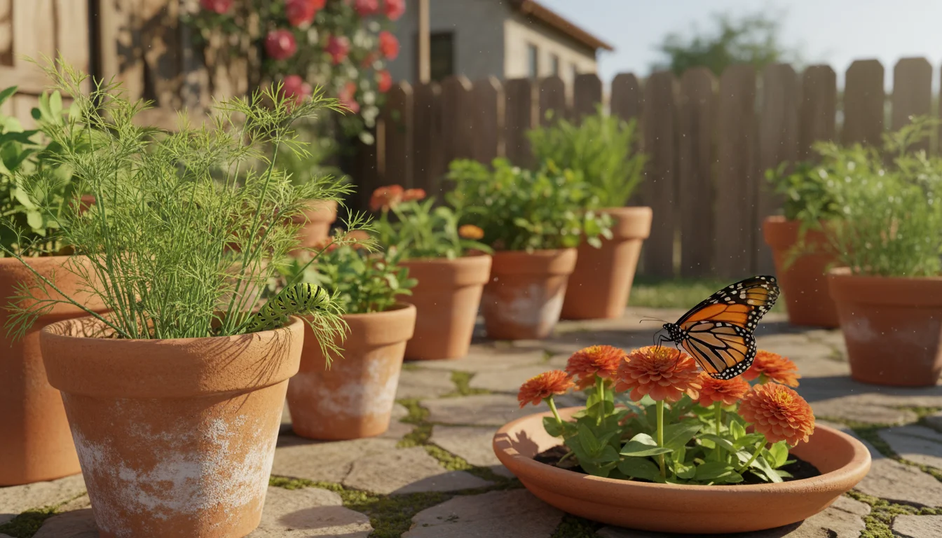 A green Swallowtail caterpillar eats dill in a terracotta pot, while a Monarch butterfly sips nectar from Zinnias in an adjacent container.