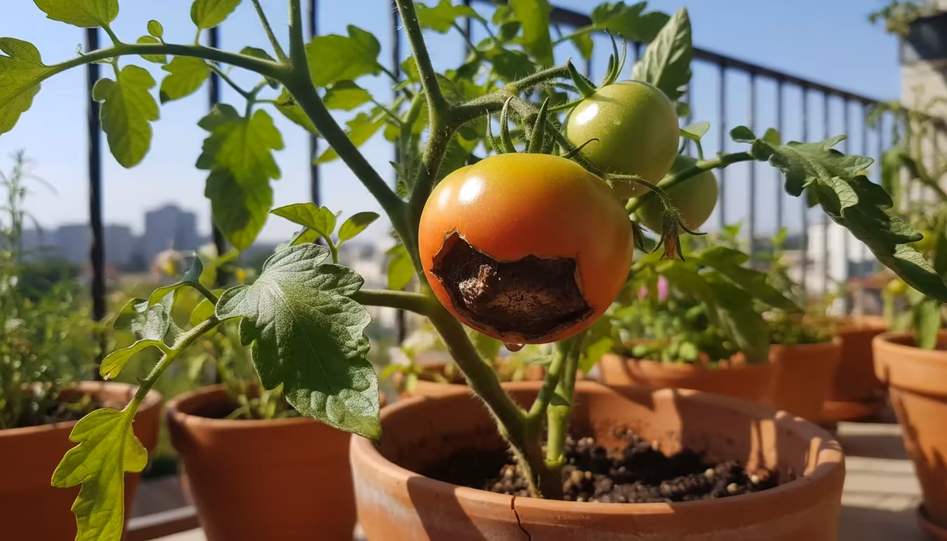 Close-up of a green tomato on a patio container plant, showing a dark, sunken blossom end rot spot on its bottom.