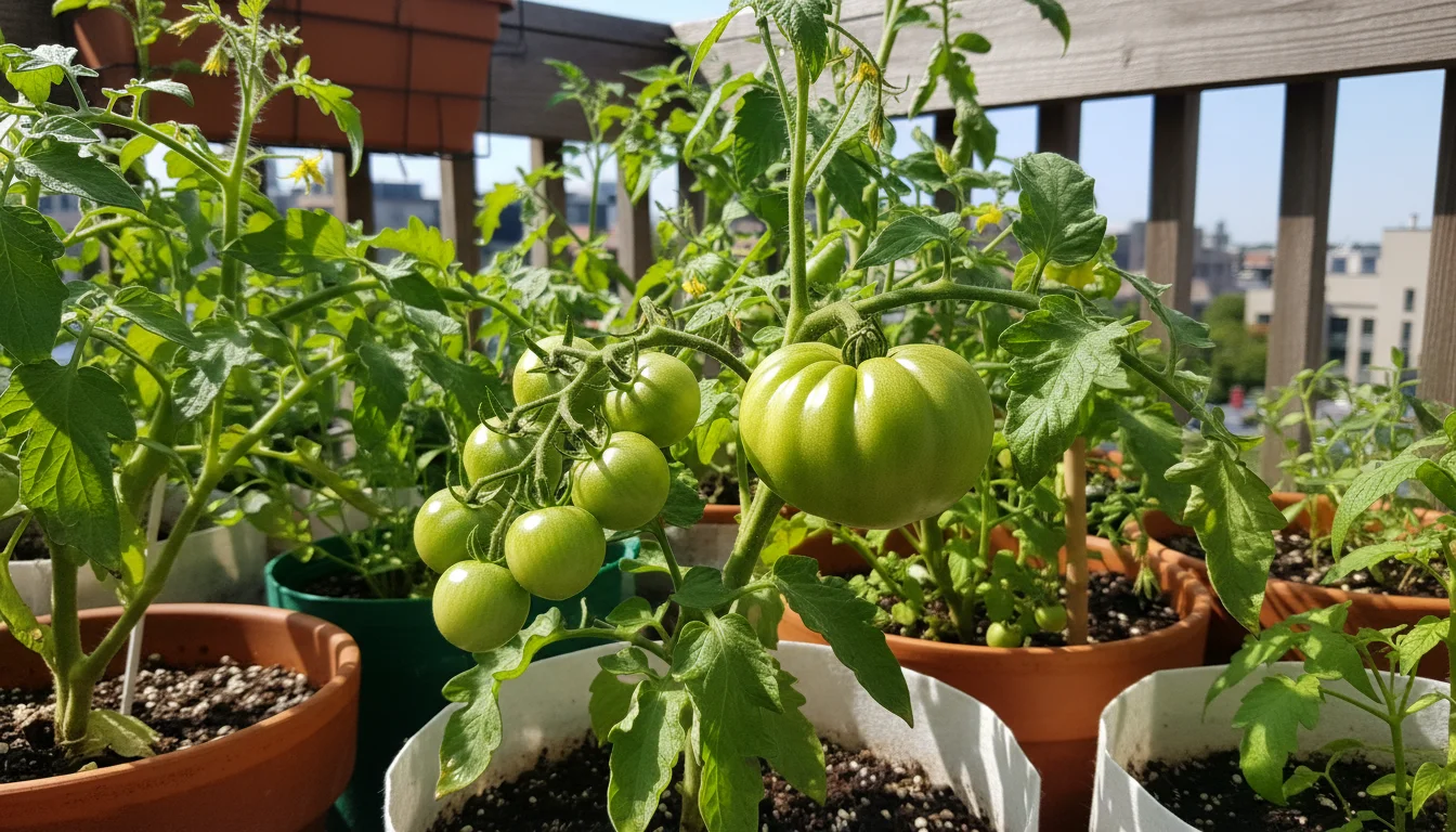A close-up of green tomatoes of different sizes, including small cherry and larger oblong types, still on the vine in container pots on a balcony.