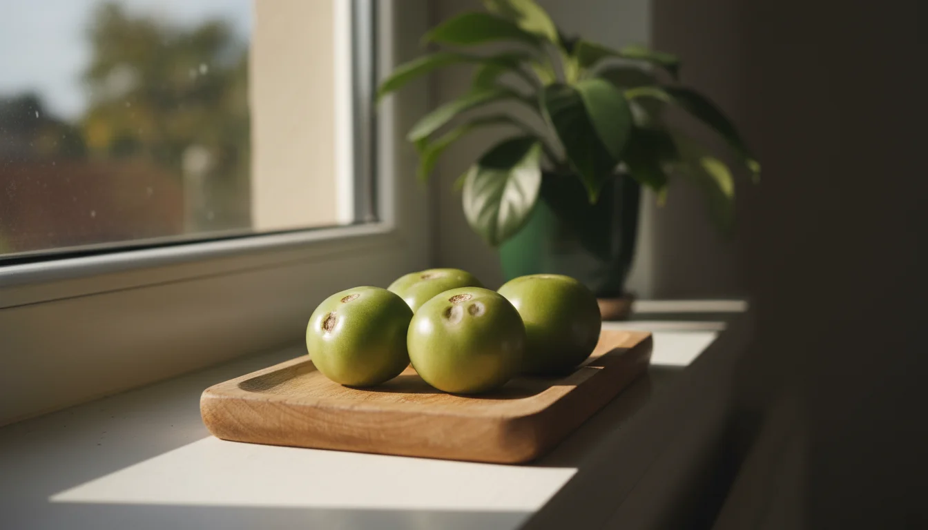 Green tomatoes with soft spots on a wooden tray on a sunny windowsill, showing signs of failed indoor ripening.