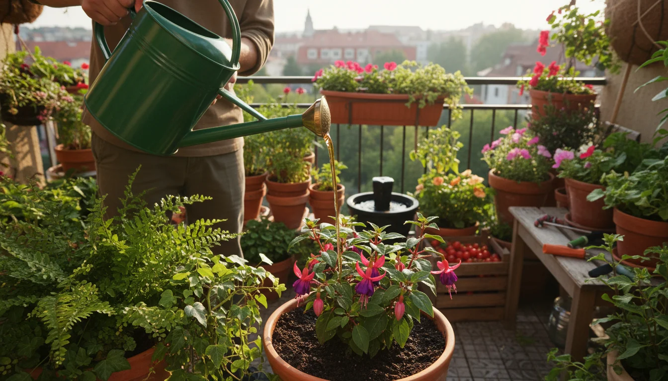 A green watering can's spout delivers amber liquid to a basil plant's soil in a terracotta pot, surrounded by lush balcony container plants.