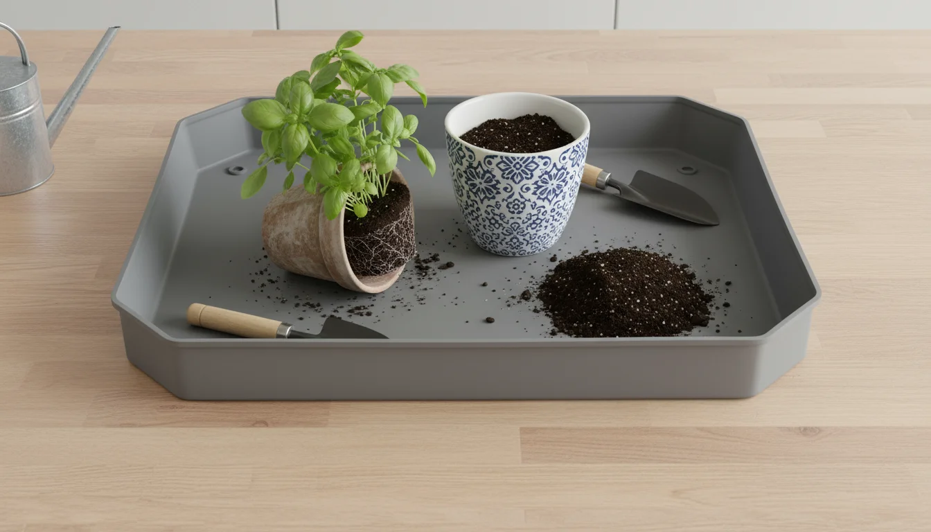 Grey plant mat on a light wooden kitchen counter. A small basil plant is being repotted, with loose soil and water contained within the mat's edges.