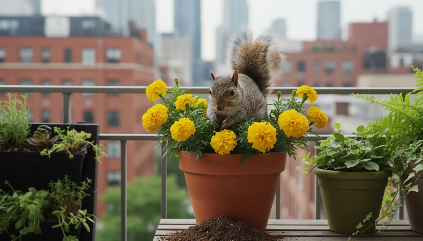 A grey squirrel digs vigorously into a pot of yellow marigolds on a balcony, while other pots in the background remain undisturbed.