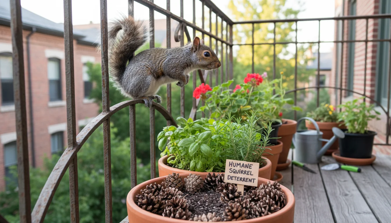 A grey squirrel perches on a balcony railing, looking towards a pot with herbs protected by pinecones. Other container plants and a vertical planter a