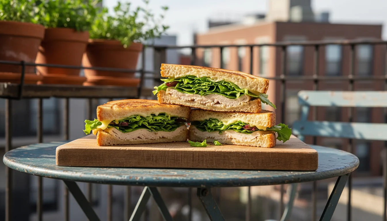 Close-up of a grilled turkey sandwich with green tomato relish on a wooden board, set on a balcony bistro table with potted herbs in the background.