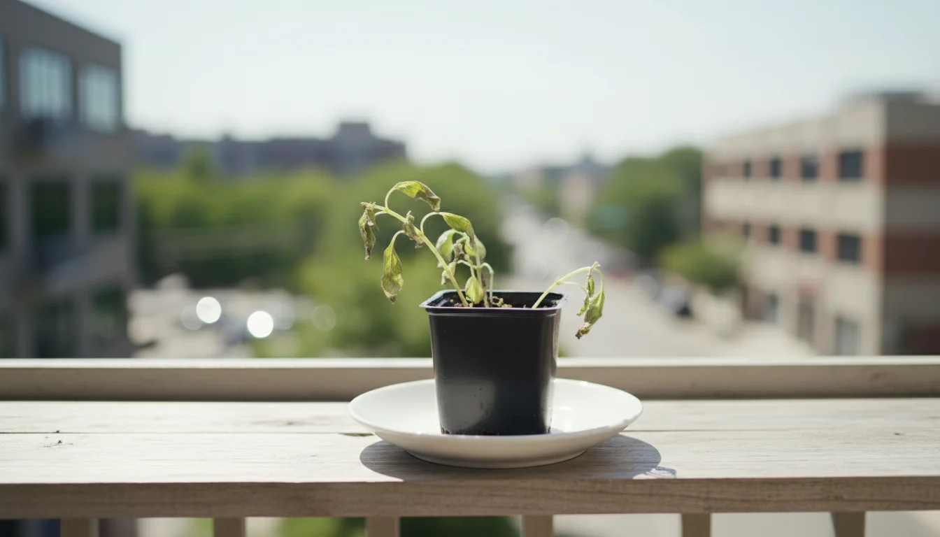 A grocery store basil plant, slightly stressed, sits on a white saucer on a sunny balcony shelf with a blurred city background.