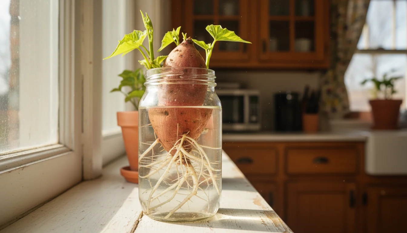 Grocery store sweet potato in a clear glass jar of water, showing white roots and green slips on a sunlit windowsill.