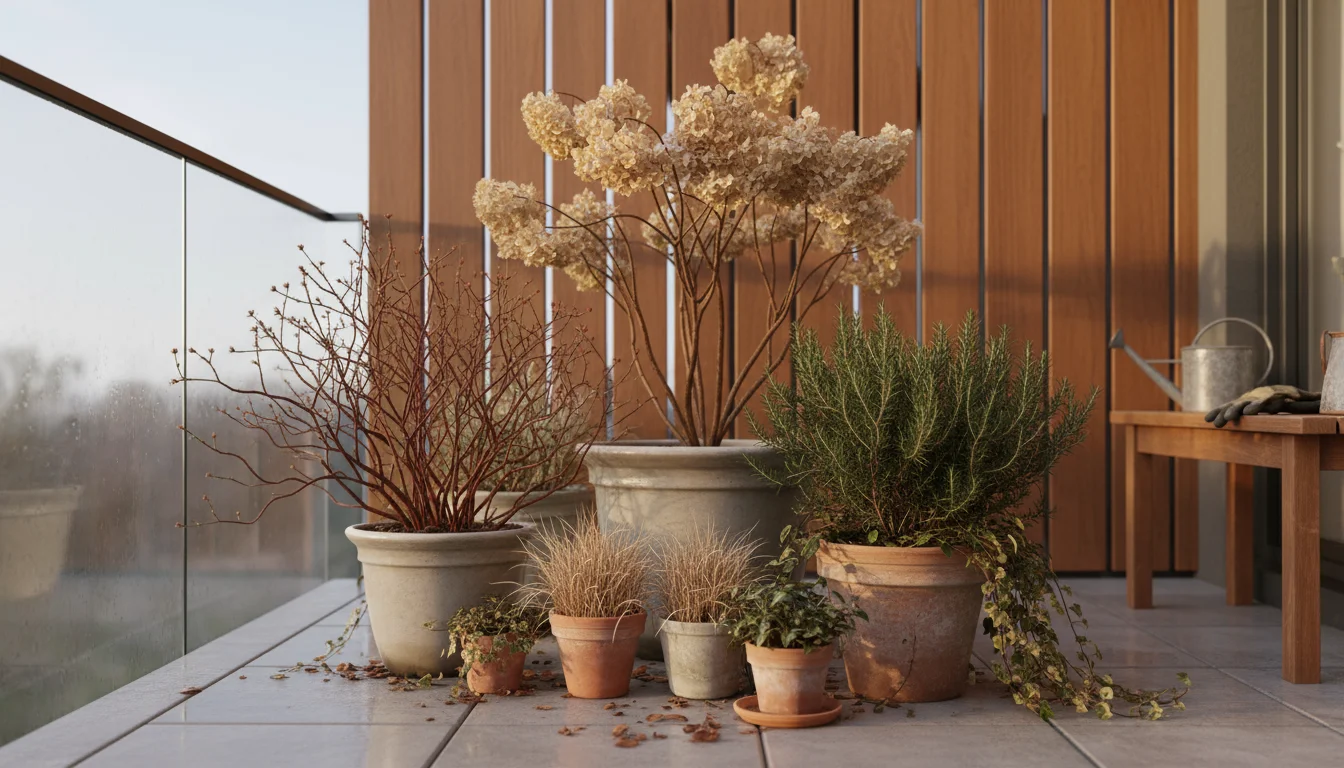 A group of container plants, including a dormant blueberry bush, hydrangea, and rosemary, arranged on a patio.
