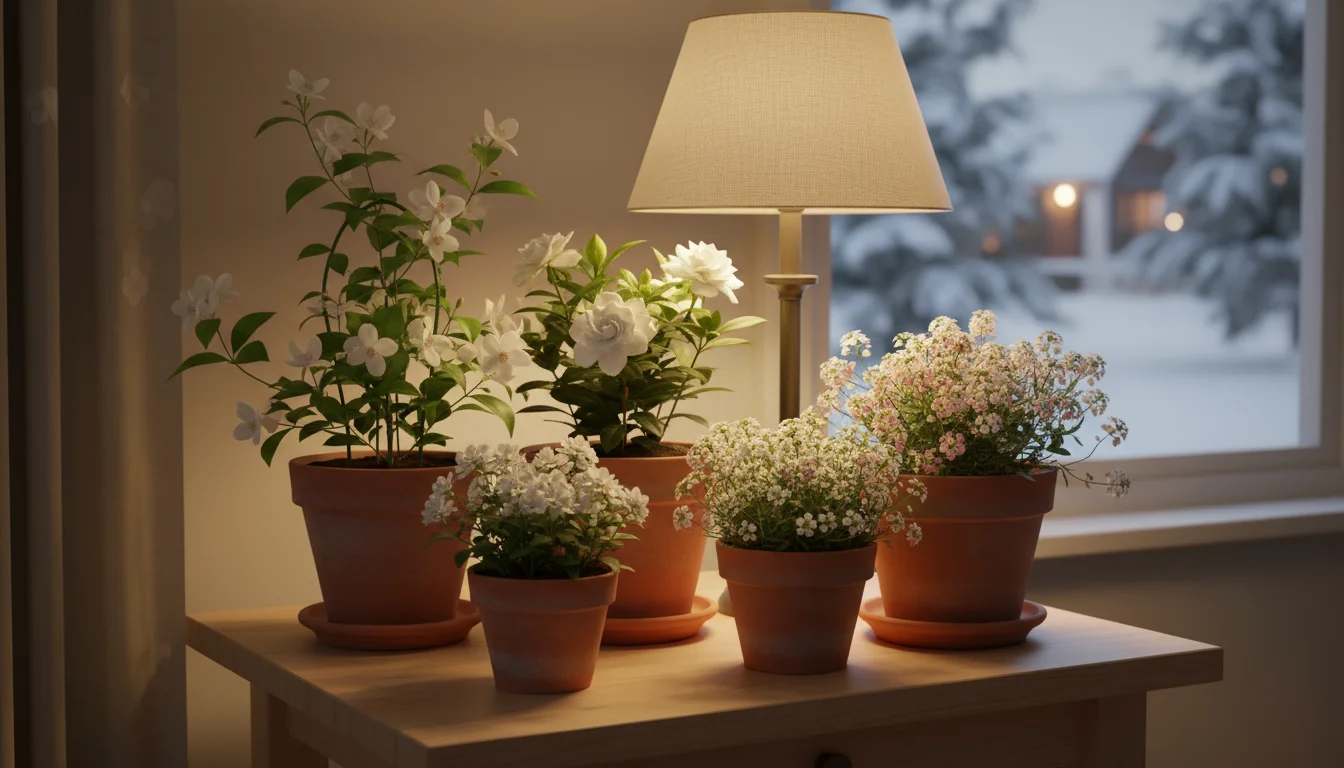 A group of fragrant houseplants, including jasmine and gardenia, blooming in decorative pots on a wooden table in a softly lit room.