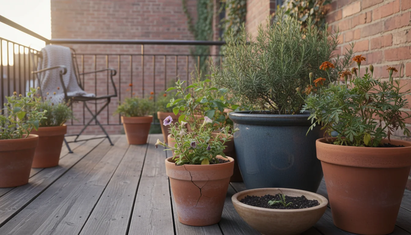 Group of potted plants on a small urban patio. Topsoil is dry, and plants show slight signs of reduced vibrancy, preparing for winter.