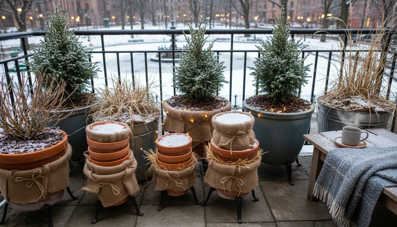 A group of winter-protected potted plants on an urban patio. Terracotta and ceramic pots are wrapped in burlap or insulated with straw, elevated on po