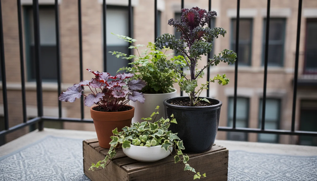 Grouped balcony container plants: tall purple kale, medium purple heuchera, small pot of ivy and pansies on a wooden crate.