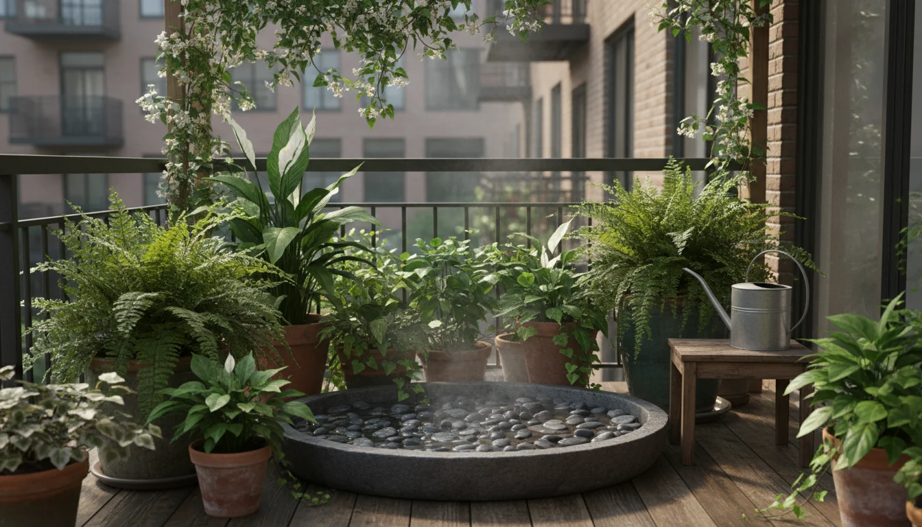 Grouped container plants, including fern and peace lily, on a pebble tray on an urban balcony for increased humidity.