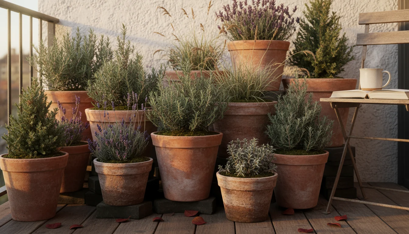 Close-up of grouped container plants (rosemary, conifer, lavender) on a balcony, elevated on pot feet, with thick leaf/wood chip mulch for fall insula