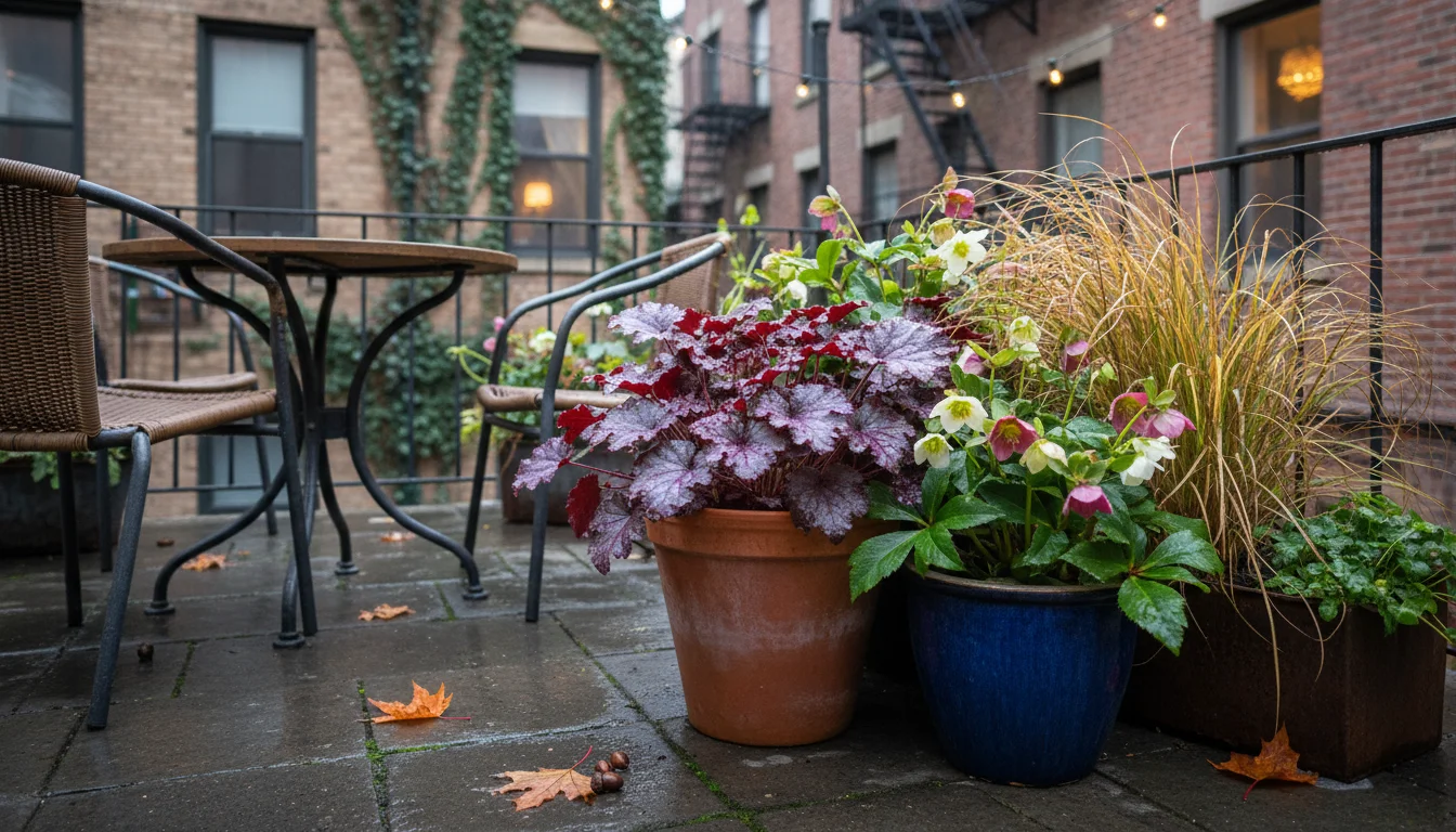 Grouped containers on a damp patio after rain, featuring healthy Heuchera, Hellebore, and ornamental grass with water droplets.