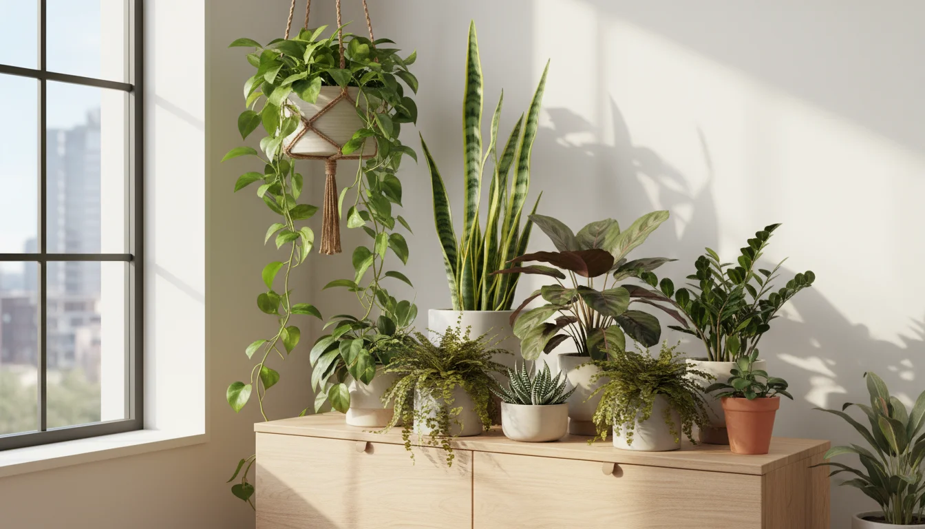 Grouped houseplants on a wooden sideboard in a sunlit room, featuring a snake plant, pothos, calathea, and ZZ plant in varied pots.