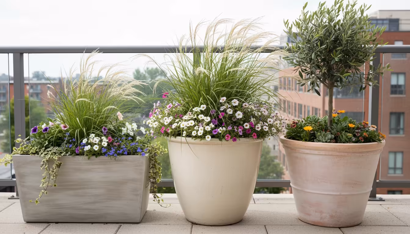 Grouped light-colored, large pots on an urban balcony, with tall plants shading smaller ones, thriving in mid-summer heat.