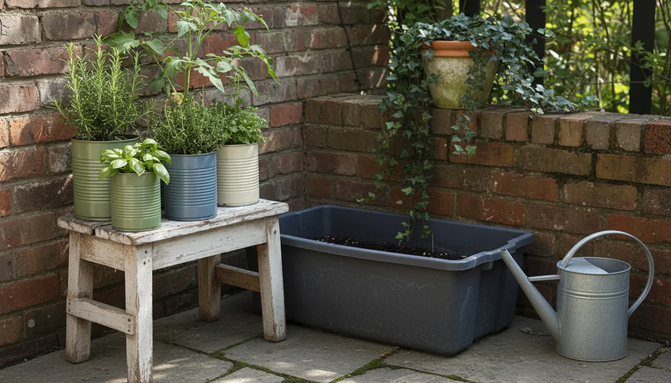 Grouped patio container garden: Upcycled herb cans on a wooden stool, a tomato plant in a plastic tote, and an ivy pot on bricks.