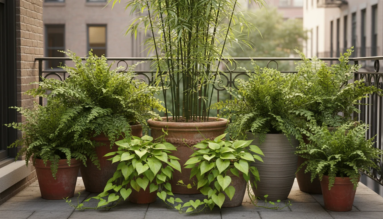 Grouped potted plants creating a layered privacy screen on a patio, featuring tall bamboo, dense ferns, and trailing vines.