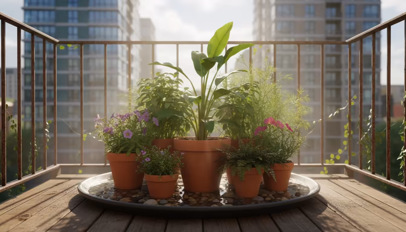 Grouped potted plants on an urban balcony, forming a humidity huddle on a pebble-and-water tray, foliage overlapping.