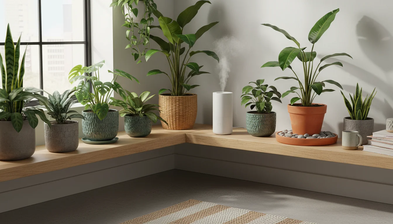 Grouped tropical houseplants on a wooden shelf, with a small humidifier gently misting and one plant sitting on a pebble tray.