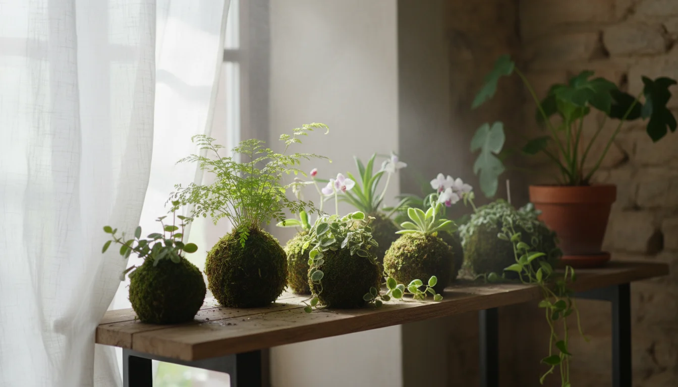 Grouping of diverse Kokedama (ferns, tropicals) on a wooden shelf by a window with a sheer curtain and a subtle mist.