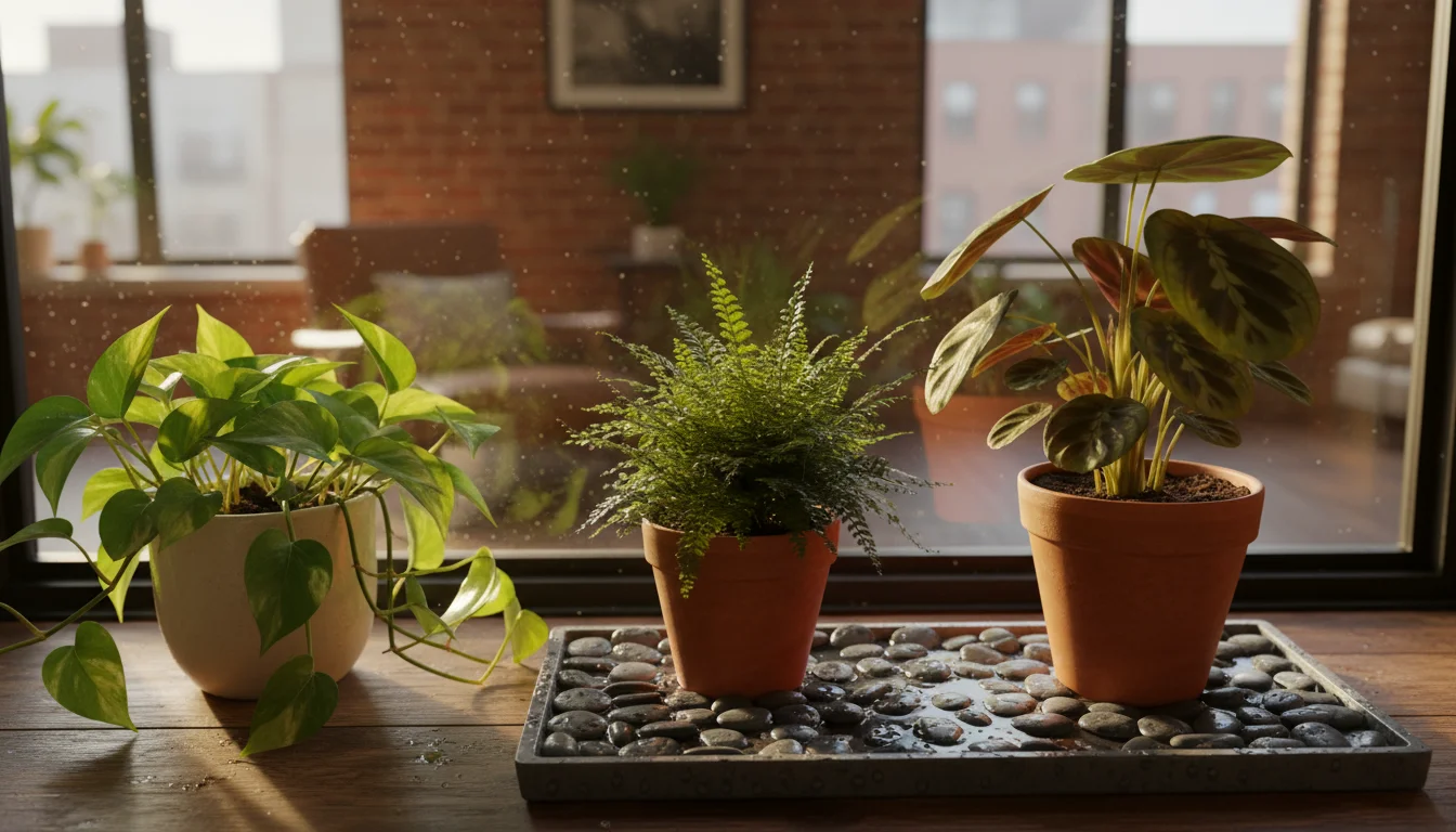 A grouping of indoor plants, including a fern and calathea, on a wooden windowsill. Two pots sit on a pebble tray with water.