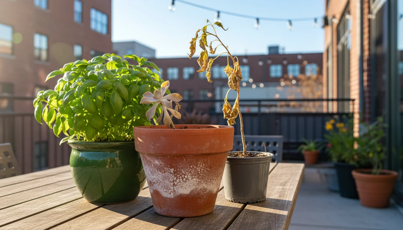 A grouping of potted plants on a patio: a healthy basil in a green glazed pot, a succulent in a large efflorescence-covered terracotta pot, and a wilt