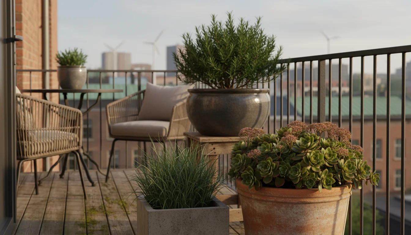 Close grouping of sturdy sedum, ornamental grass, and rosemary plants in heavy pots on an urban balcony, designed for wind resistance.