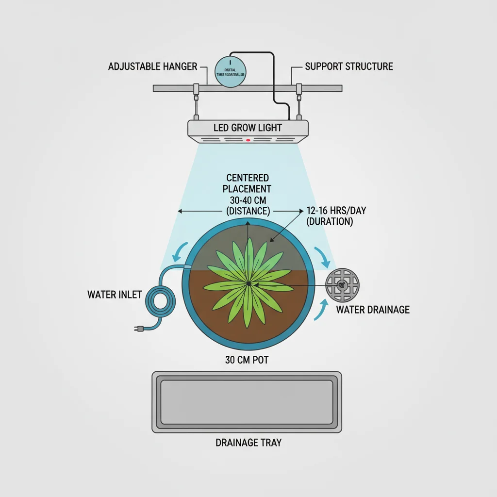 Grow light diagram: Lamp shining on plant in 30cm pot; arrows show watering; labels for light, plant, pot.