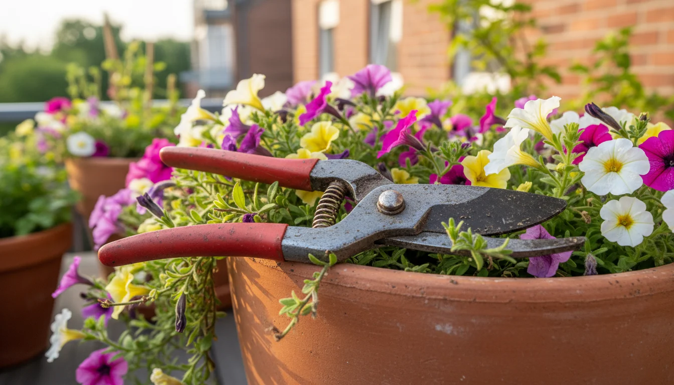 Grungy hand pruners rest on a terracotta balcony planter's edge amidst vibrant calibrachoa and petunias, hinting at tool care.