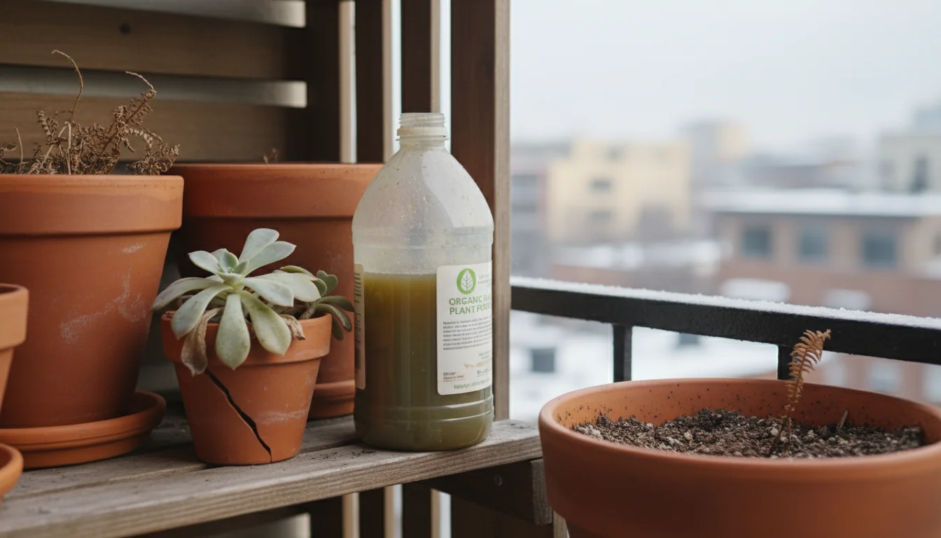 Half-empty liquid plant fertilizer bottle pushed to the back of a balcony shelf, surrounded by dormant container plants in soft winter light.