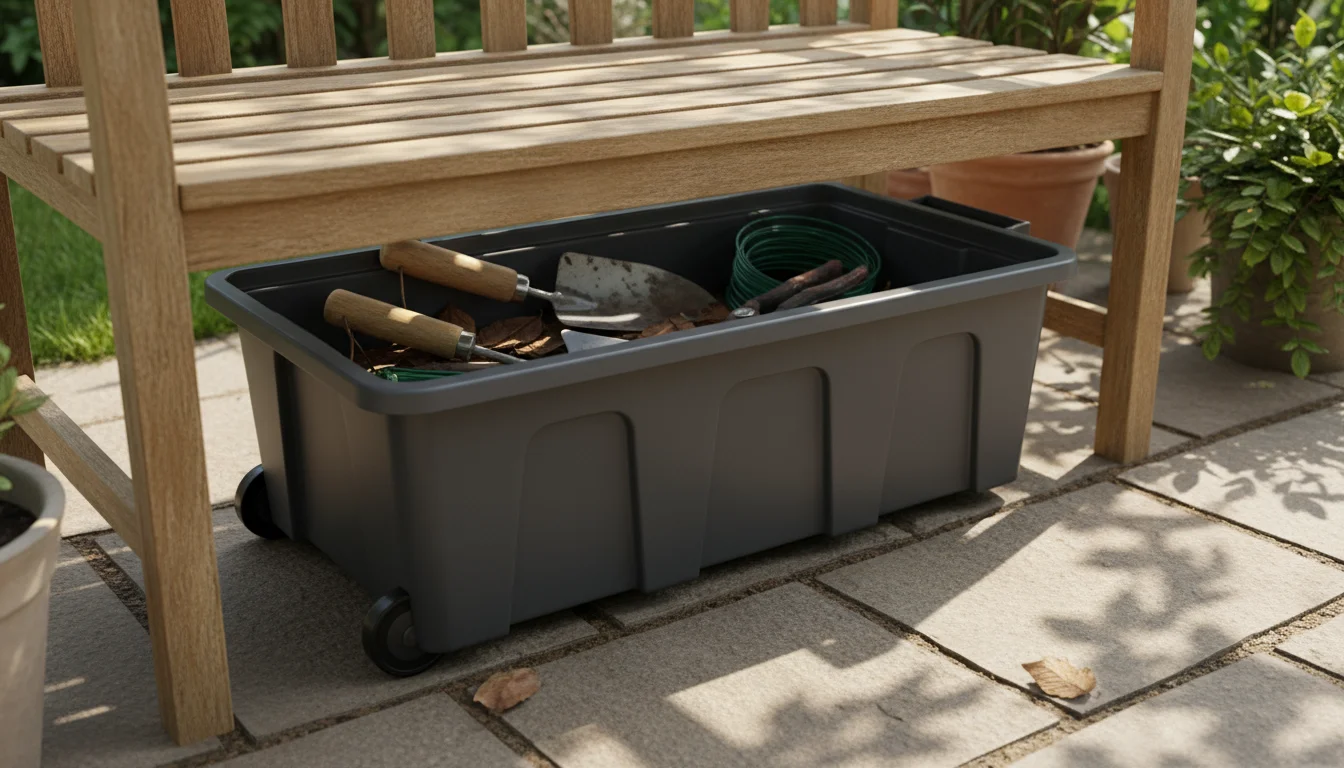 Half-pulled out wheeled bin under a garden bench on a patio, revealing gardening tools. Practical under-bench storage solution.