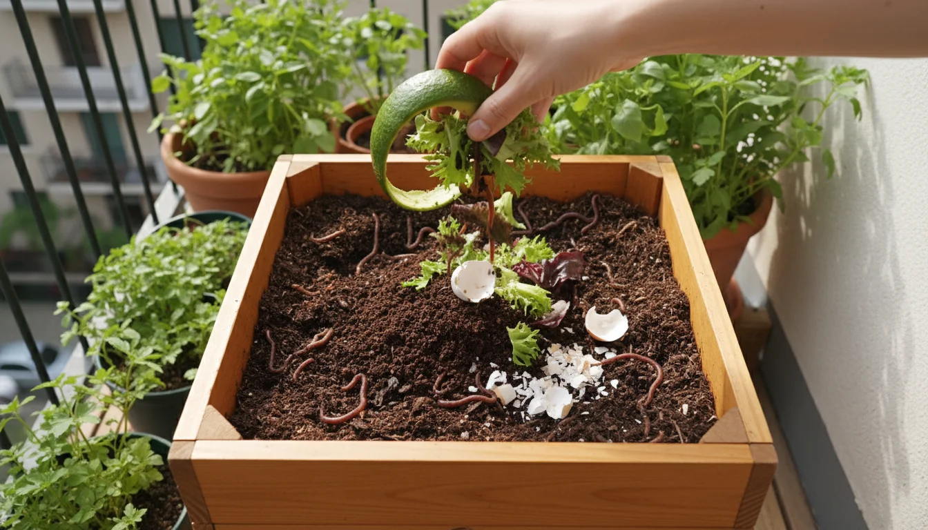 Close-up, slightly overhead view of a hand adding kitchen scraps (avocado peel, coffee grounds, eggshells) into a small wooden worm composting bin on 