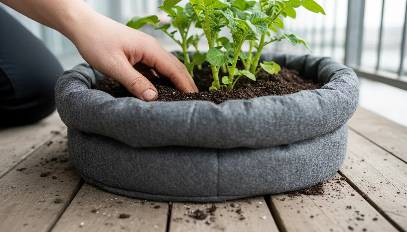 Hand adding soil around young potato plants in a dark grey fabric grow bag, with only the top leaves showing, on a balcony.