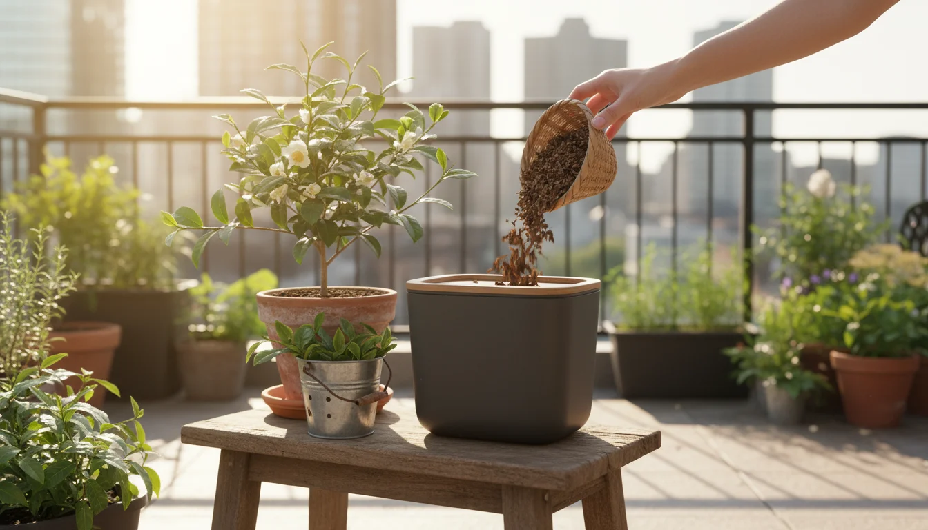 A hand adds spent tea leaves to a compost bin next to a potted tea plant and a rainwater bucket on a sunny urban balcony.