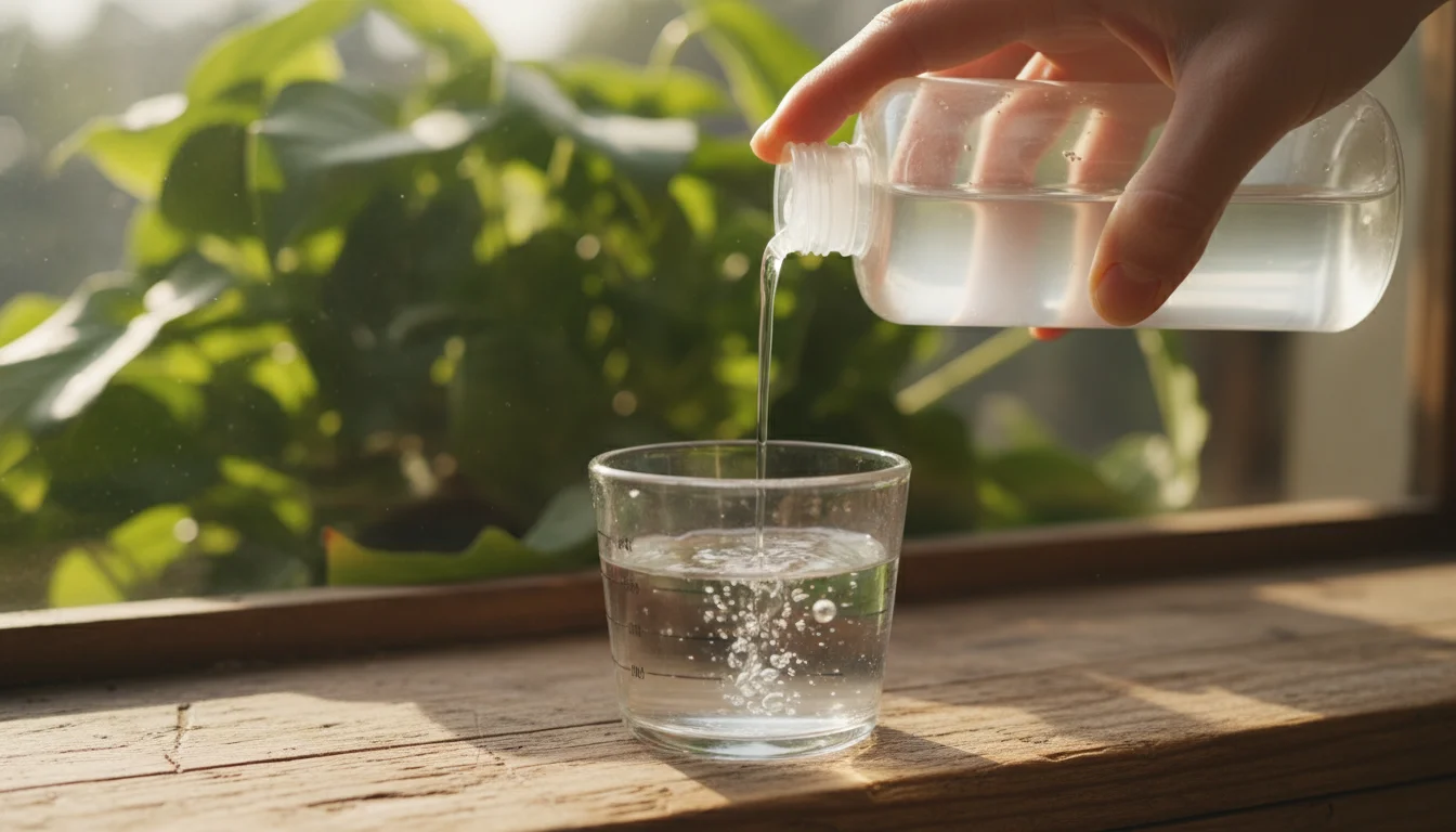 A hand adds unscented dish soap from a bottle into a glass measuring cup with water, on a rustic windowsill, with a green houseplant blurred behind.