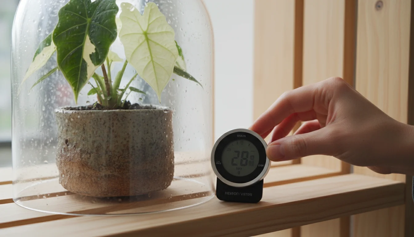 Close-up of a hand adjusting a digital hygrometer inside a glass cloche protecting a rare variegated Alocasia 'Frydek' in a ceramic pot.