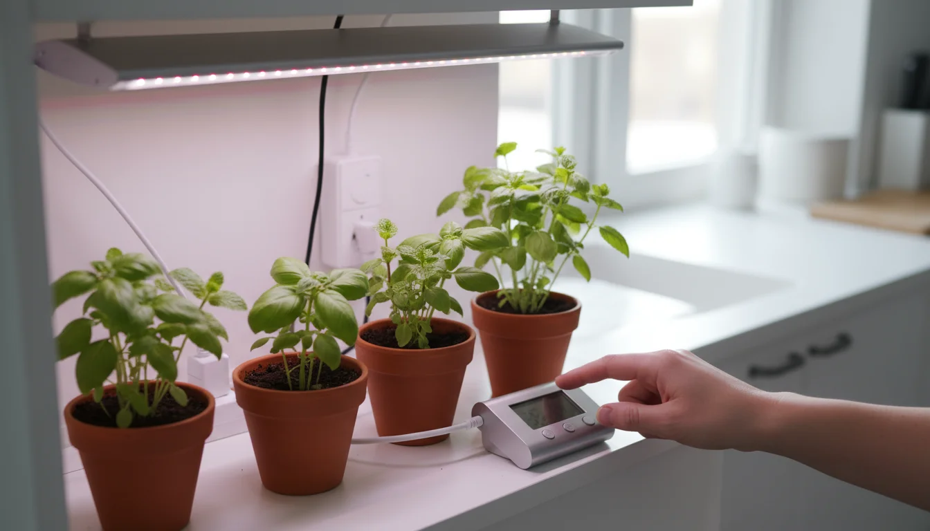 Hand adjusting a digital timer for an LED grow light over container herbs on a kitchen shelf, showing efficient small-space gardening.