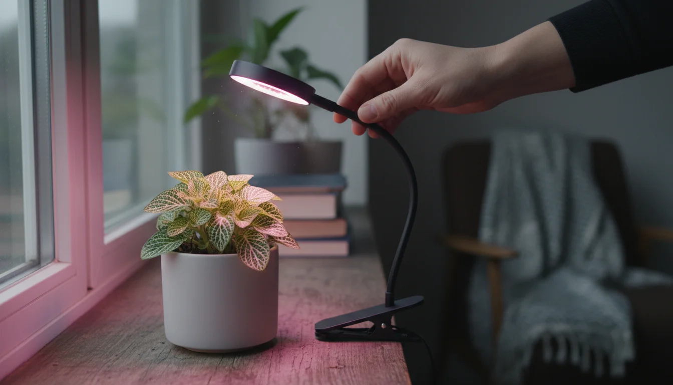 Hand adjusting a small clip-on LED grow light over a Fittonia plant in a grey pot on a wooden windowsill.