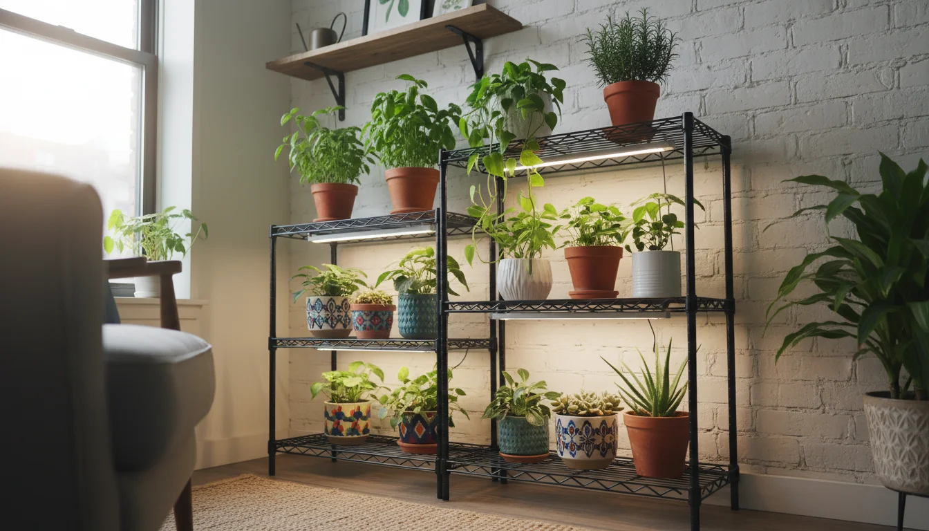 A hand adjusts a clip-on fan on a wire shelving unit, illuminating container plants with a slim LED grow light in a small apartment.