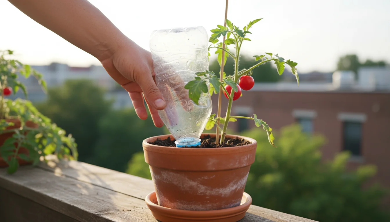 Hand gently adjusts a DIY plastic bottle drip waterer in a terracotta pot with a tomato plant on a sunny urban balcony.