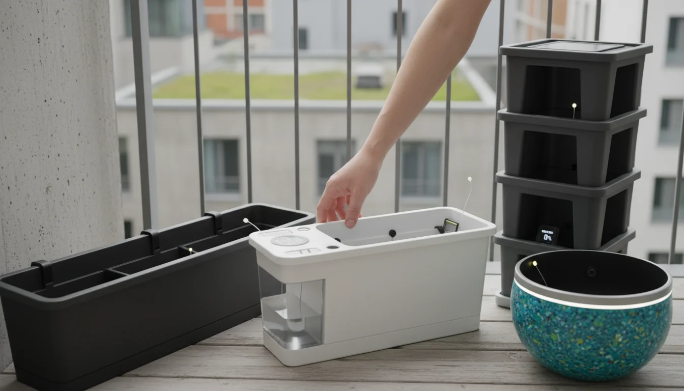 Hand adjusts a lightweight self-watering planter among other smart containers (railing, stackable, recycled plastic) on a compact urban balcony.