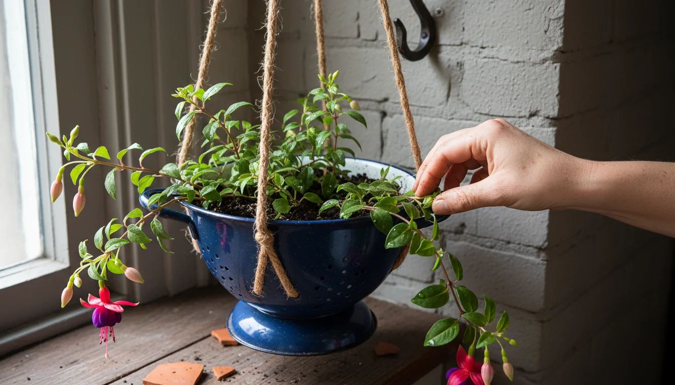 A hand gently adjusts pink fuchsia trailing from a repurposed blue colander hanging planter on a painted brick wall.