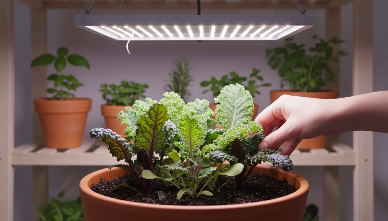 Hand adjusts a pot of lush green leafy greens thriving under a bright LED grow light, surrounded by other small container plants on a shelf.