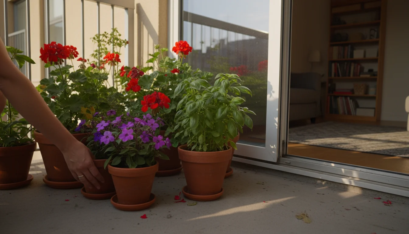 A hand gently adjusts a potted red geranium, purple impatiens, and green basil clustered on a shaded urban balcony near an open door, ready for moving